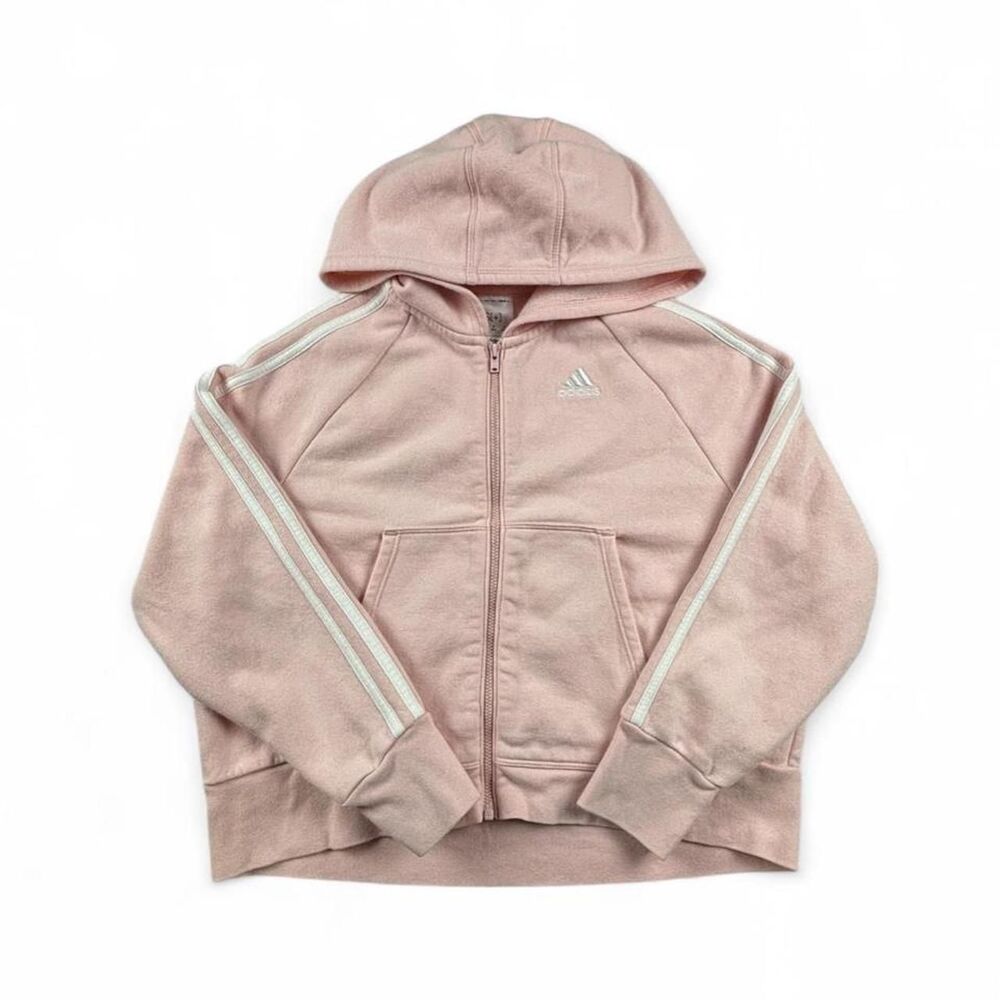 Adidas Full Zip Hoodie Girls S 7/8 Pink 3 Stripe Track Jacket Youth